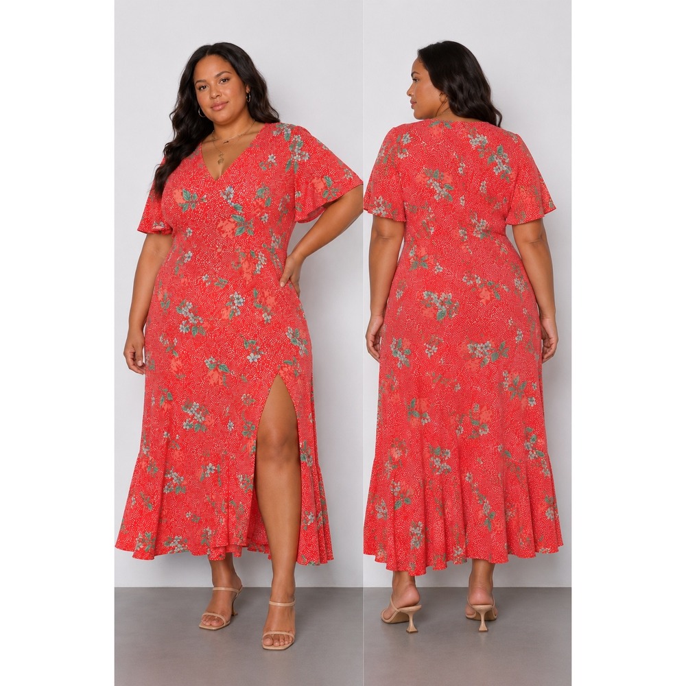 Never Fully Dressed Red Lemon Clover Dress Plus Size 20 Red Floral Fruit Midi